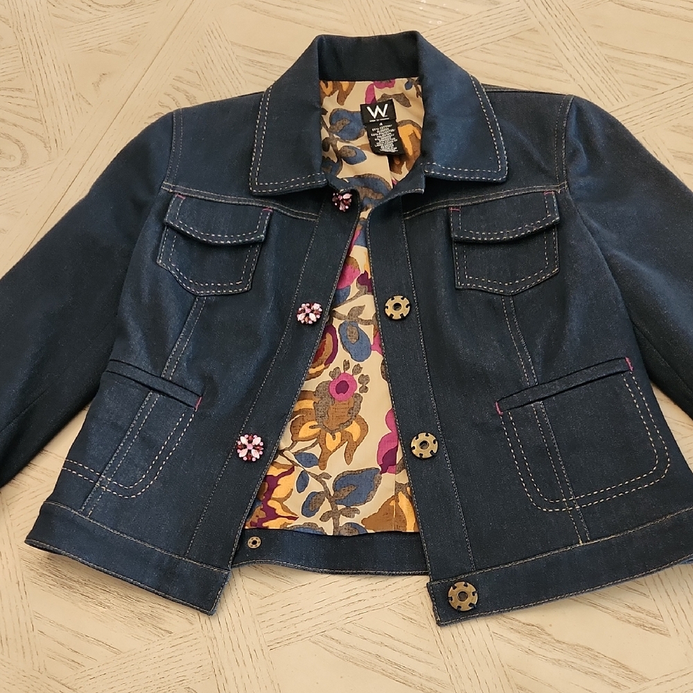 Work To Weekend Floral Lined Denim Jacket Snap Front Women's Size 4